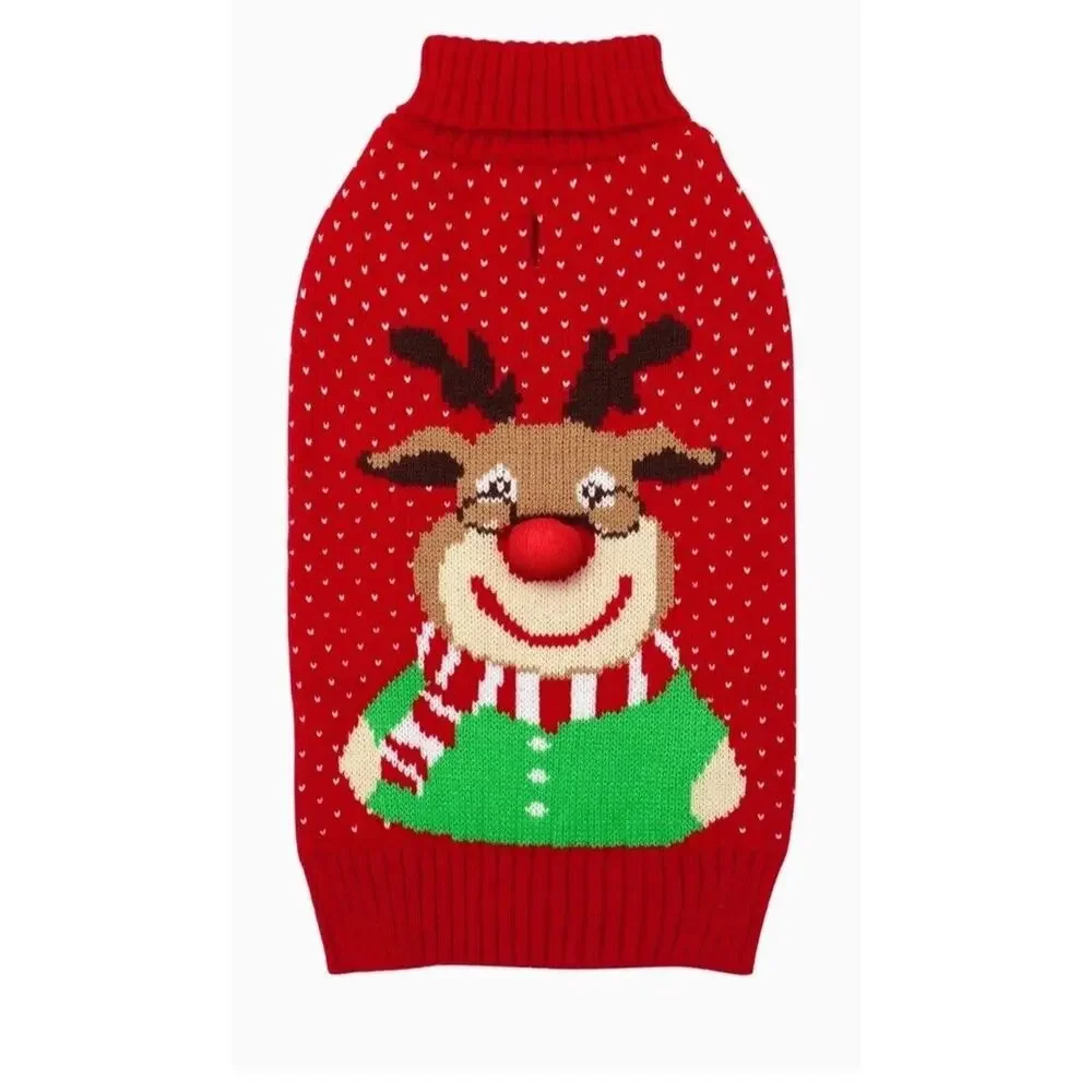 KYEESE Christmas Dog Sweater with Leash Hole Reindeer Red Knit Turtleneck M NWT